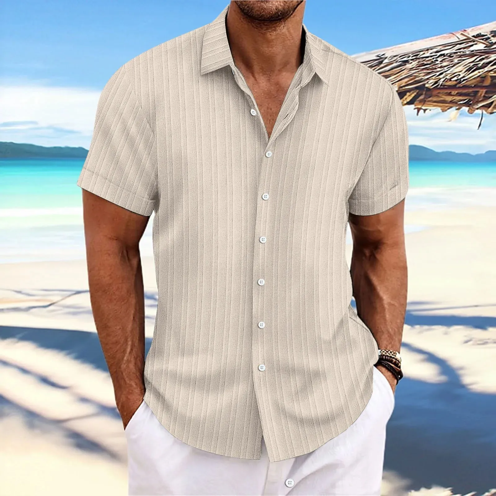 men's striped jacquard casual fashion comfortable loose short sleeve Hawaiian shirt