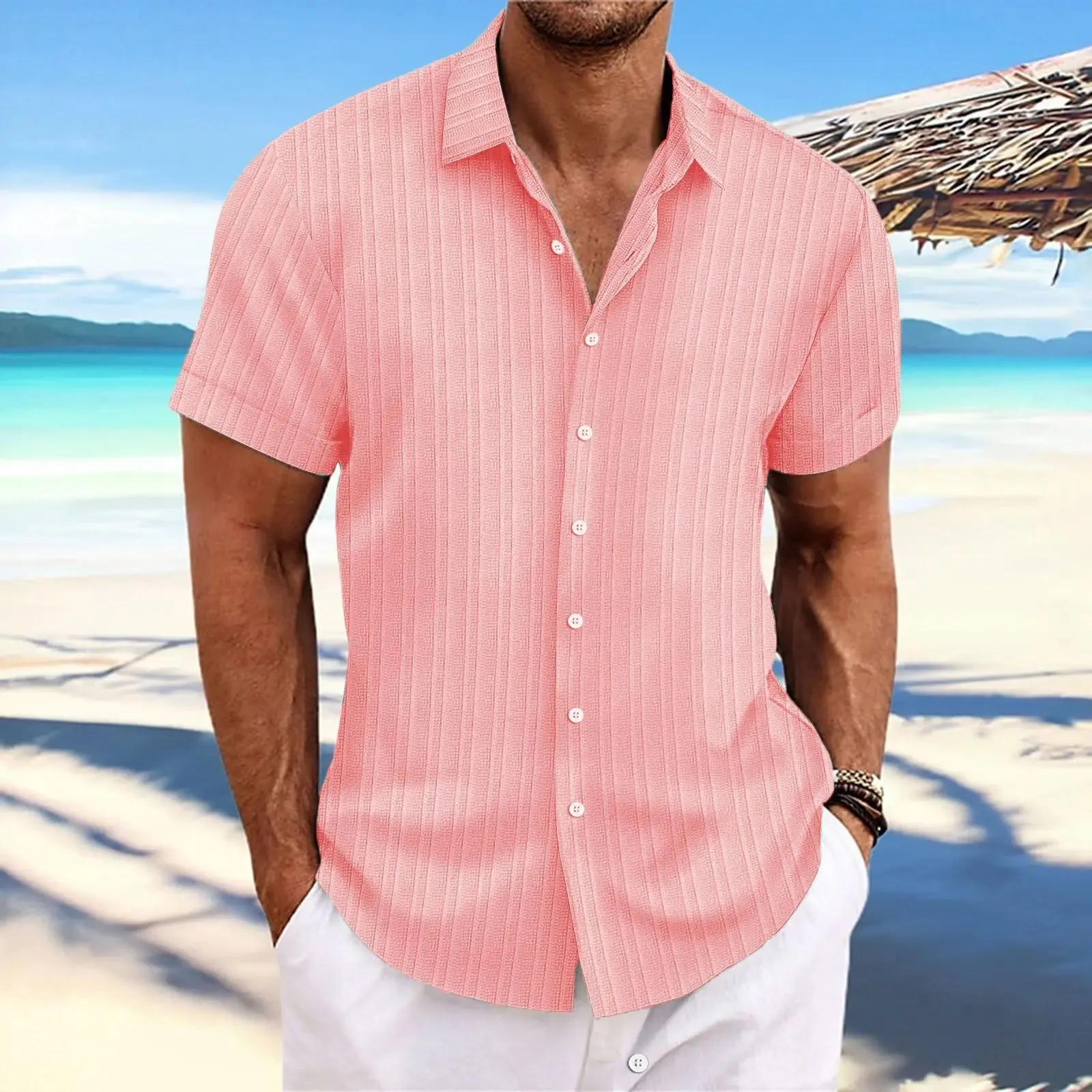men's striped jacquard casual fashion comfortable loose short sleeve Hawaiian shirt