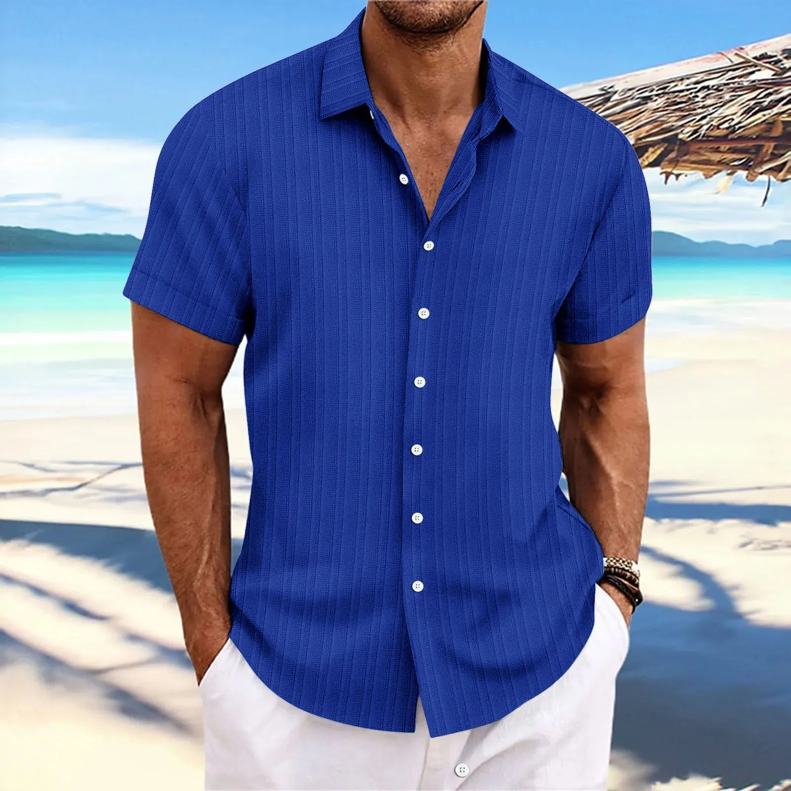 men's striped jacquard casual fashion comfortable loose short sleeve Hawaiian shirt