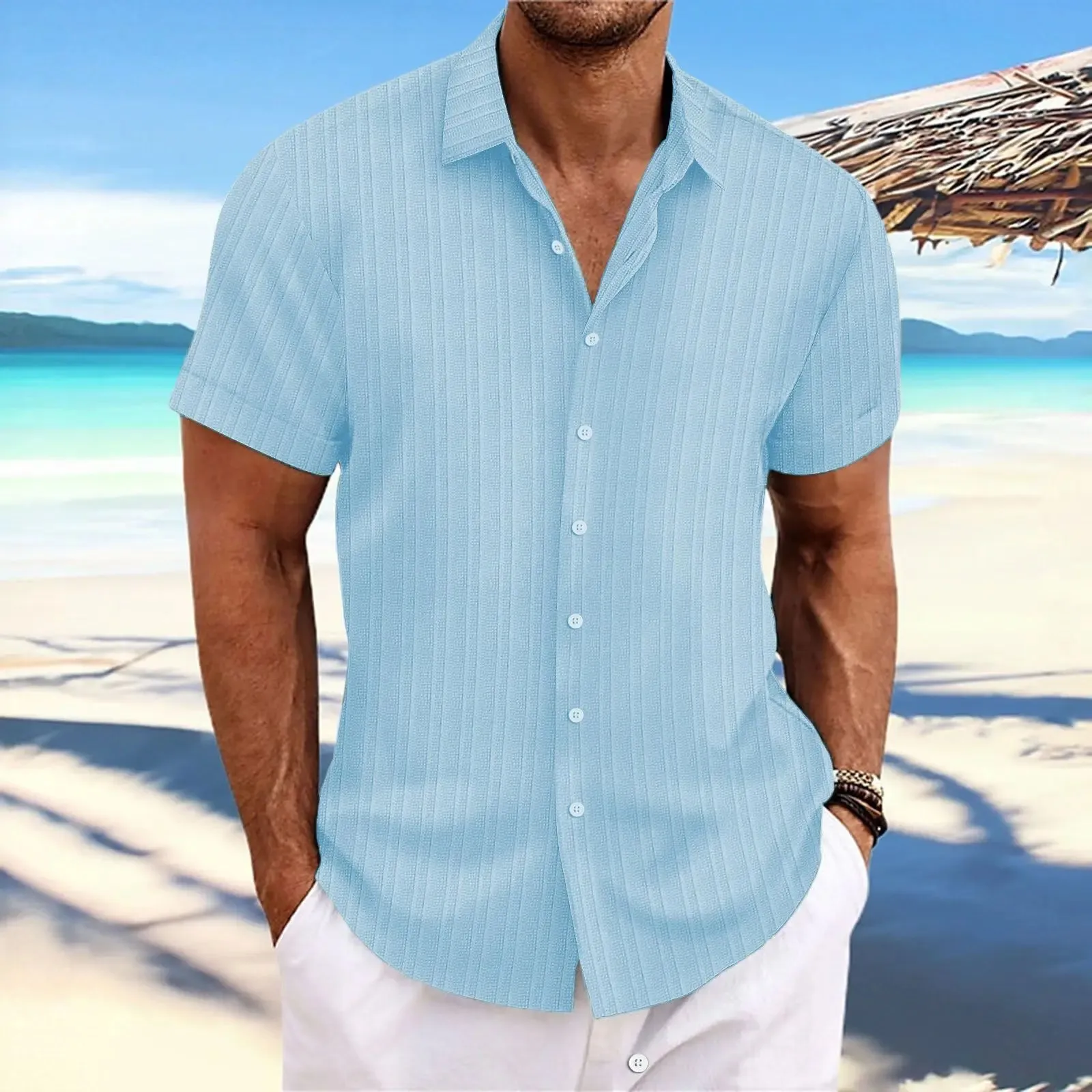 men's striped jacquard casual fashion comfortable loose short sleeve Hawaiian shirt