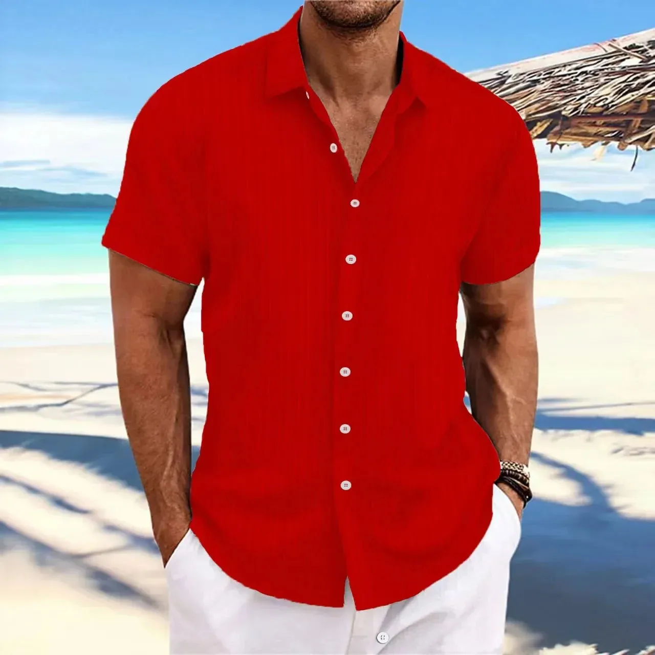 men's striped jacquard casual fashion comfortable loose short sleeve Hawaiian shirt