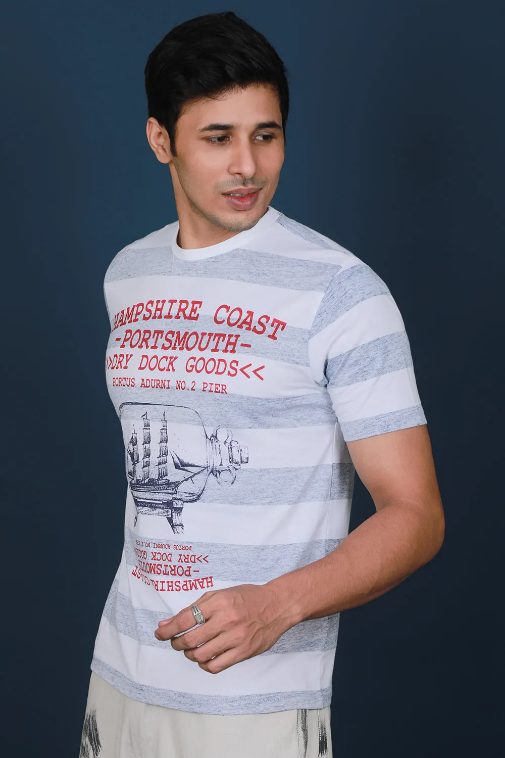 Men's White Single Jersey Printed Round Neck T-shirt