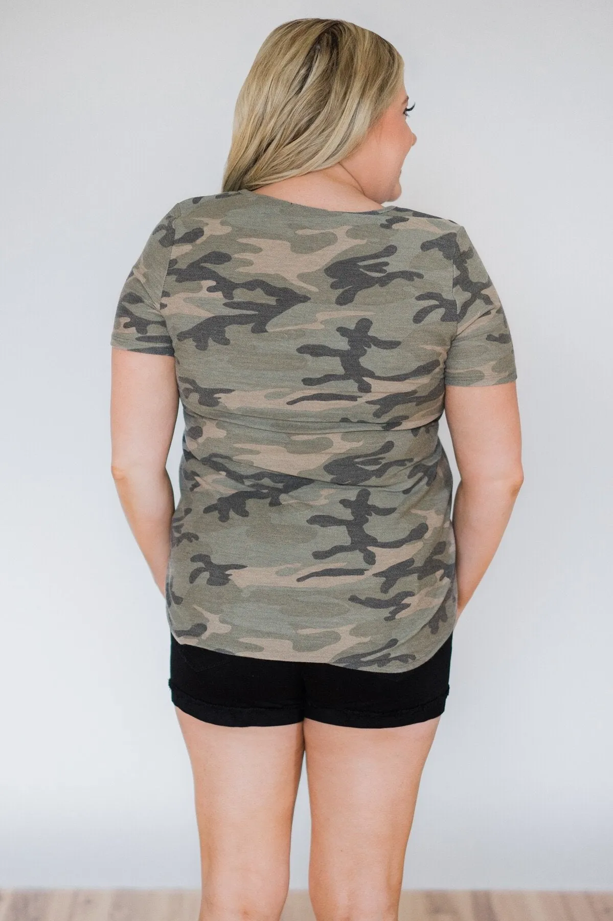 Off to Explore Camo Criss Cross Top
