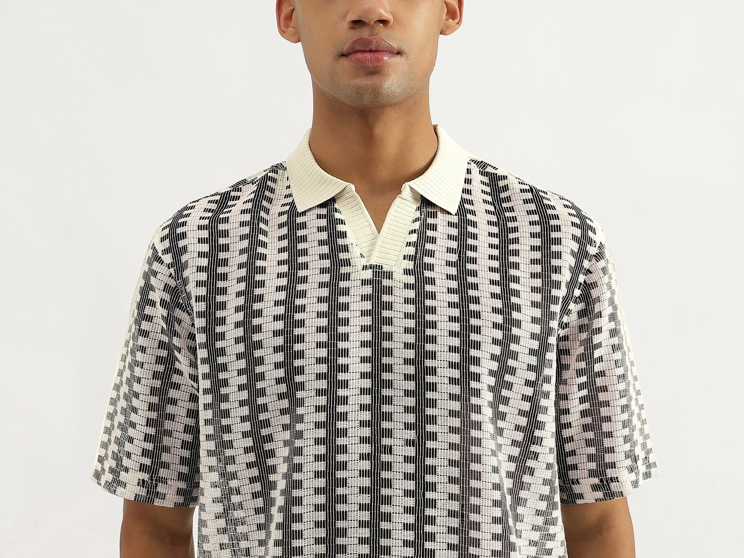 Oversized Fit Johny Collar Crochet Striped T-Shirt