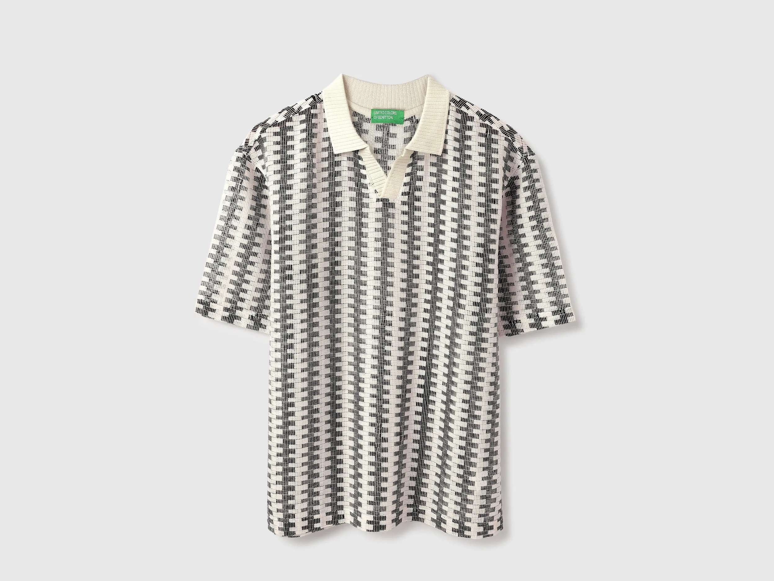 Oversized Fit Johny Collar Crochet Striped T-Shirt