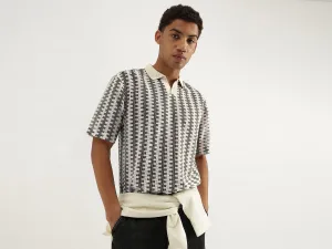 Oversized Fit Johny Collar Crochet Striped T-Shirt
