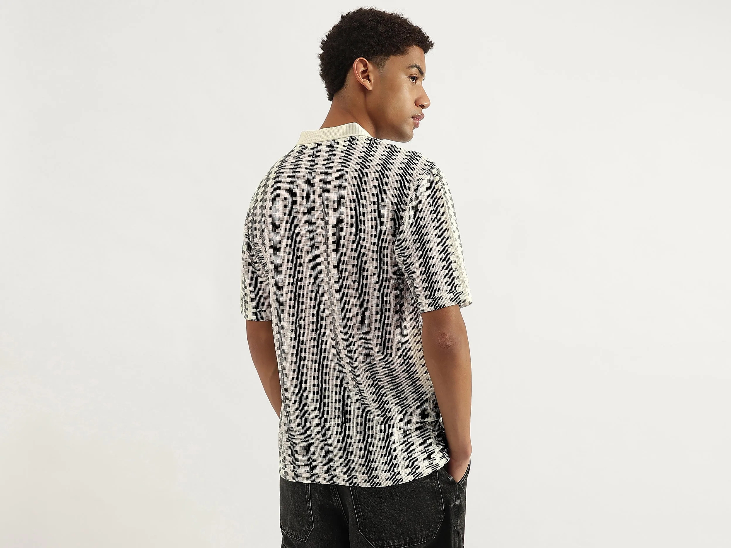 Oversized Fit Johny Collar Crochet Striped T-Shirt