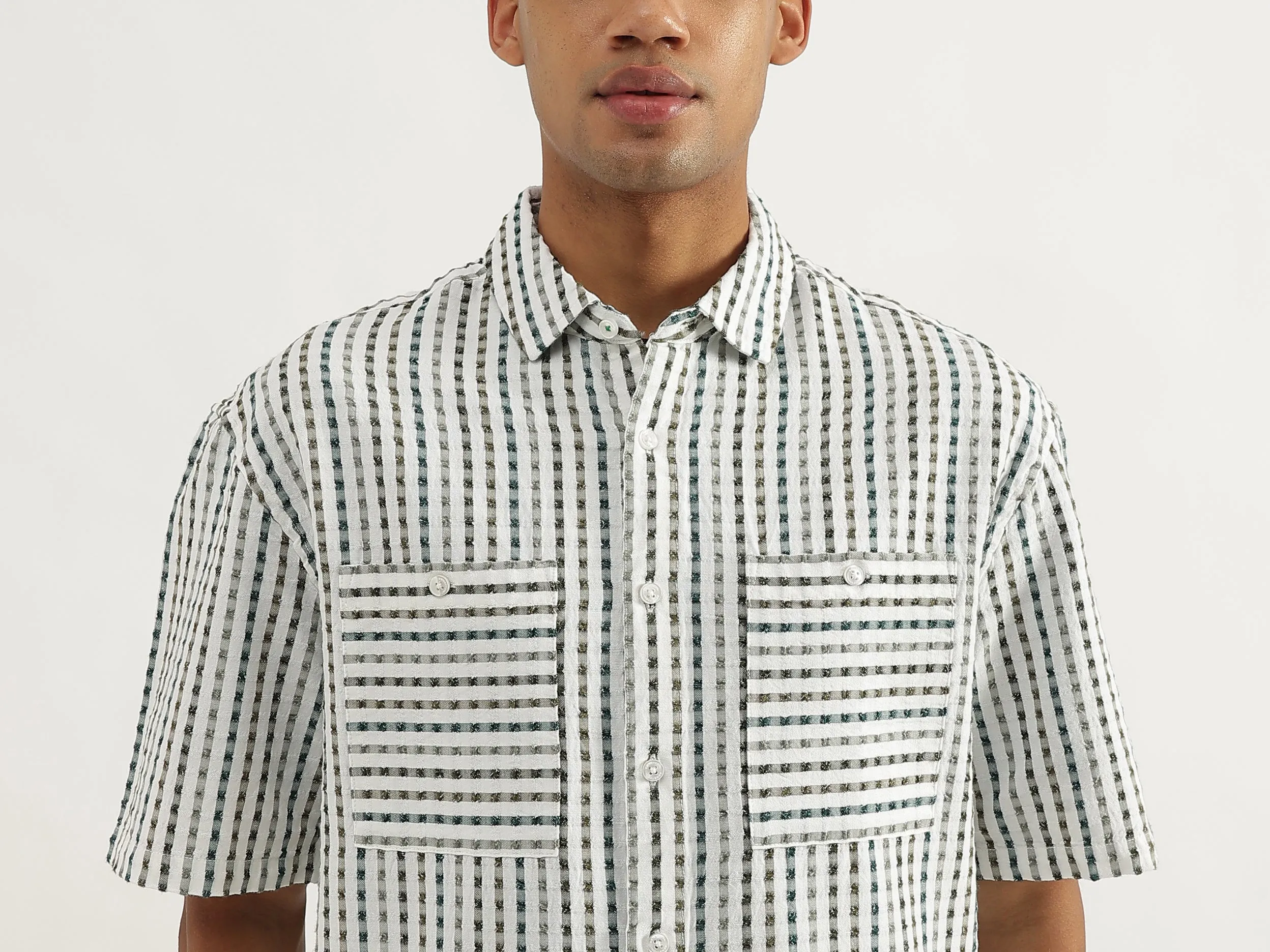 Oversized Fit Spread Collar Crinkle Dobby Striped Shirt