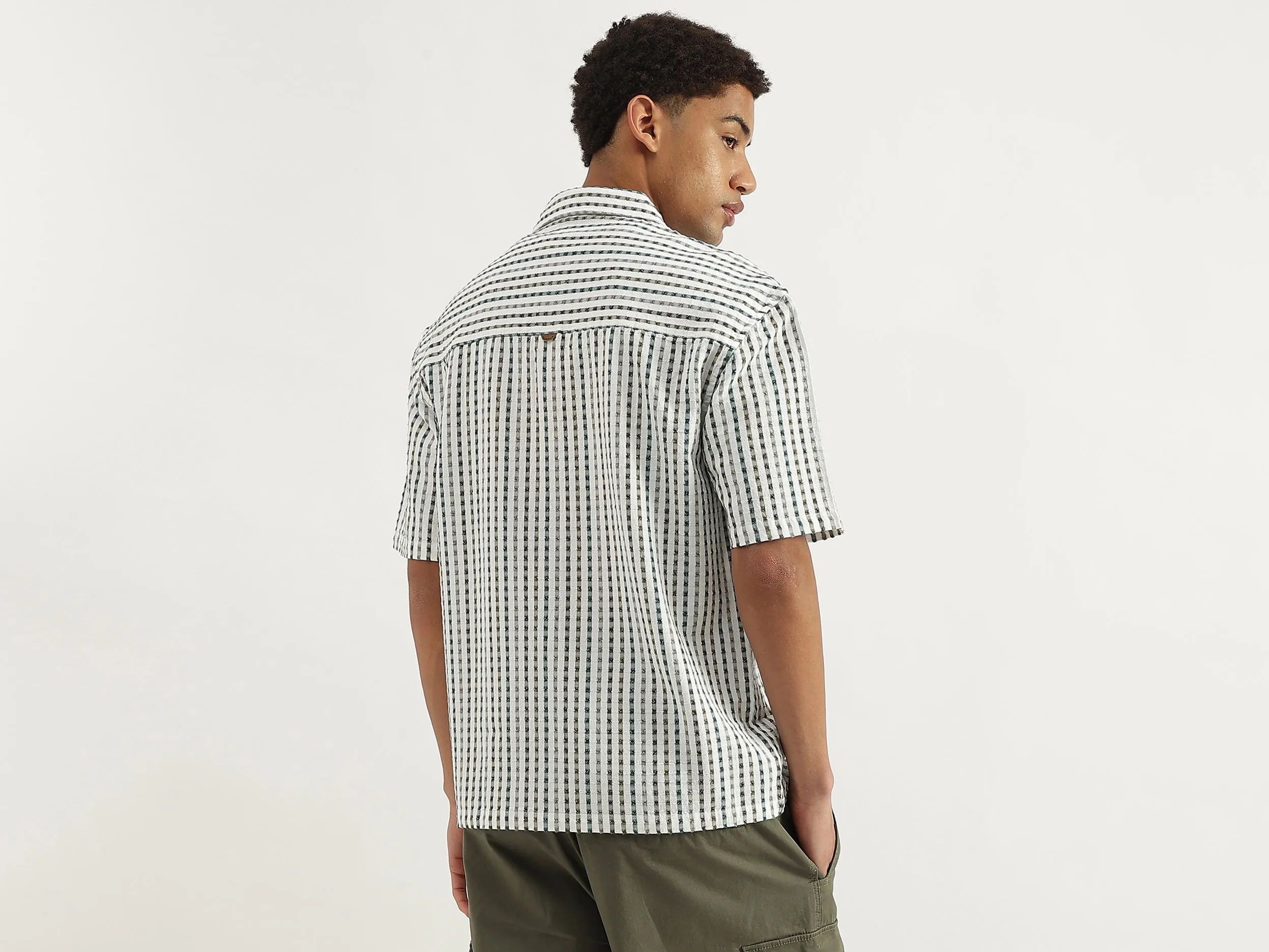 Oversized Fit Spread Collar Crinkle Dobby Striped Shirt