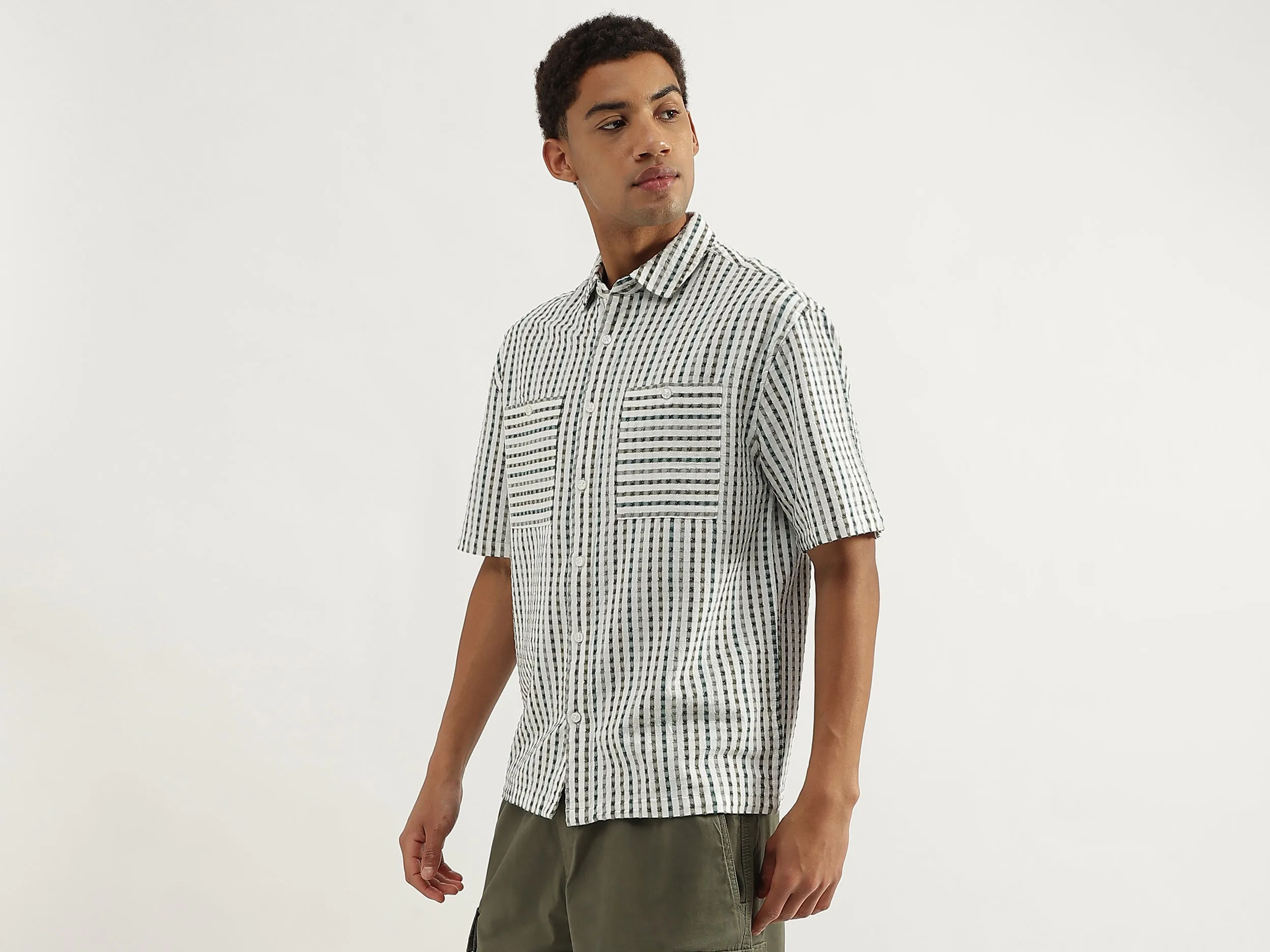 Oversized Fit Spread Collar Crinkle Dobby Striped Shirt