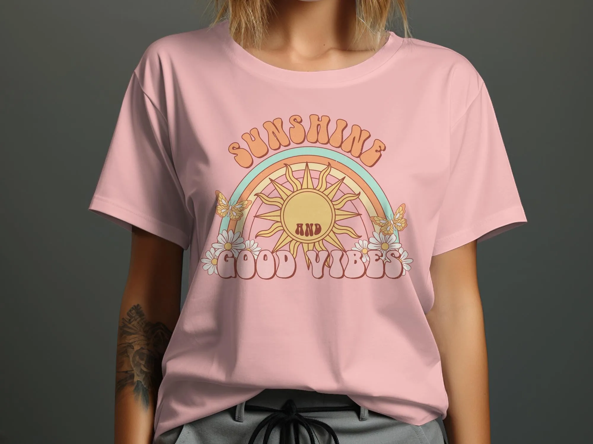 Retro Sunshine and Good Vibes Graphic Tee, Vintage Style T-Shirt, Summer Festival Casual Top, Boho Rainbow Shirt