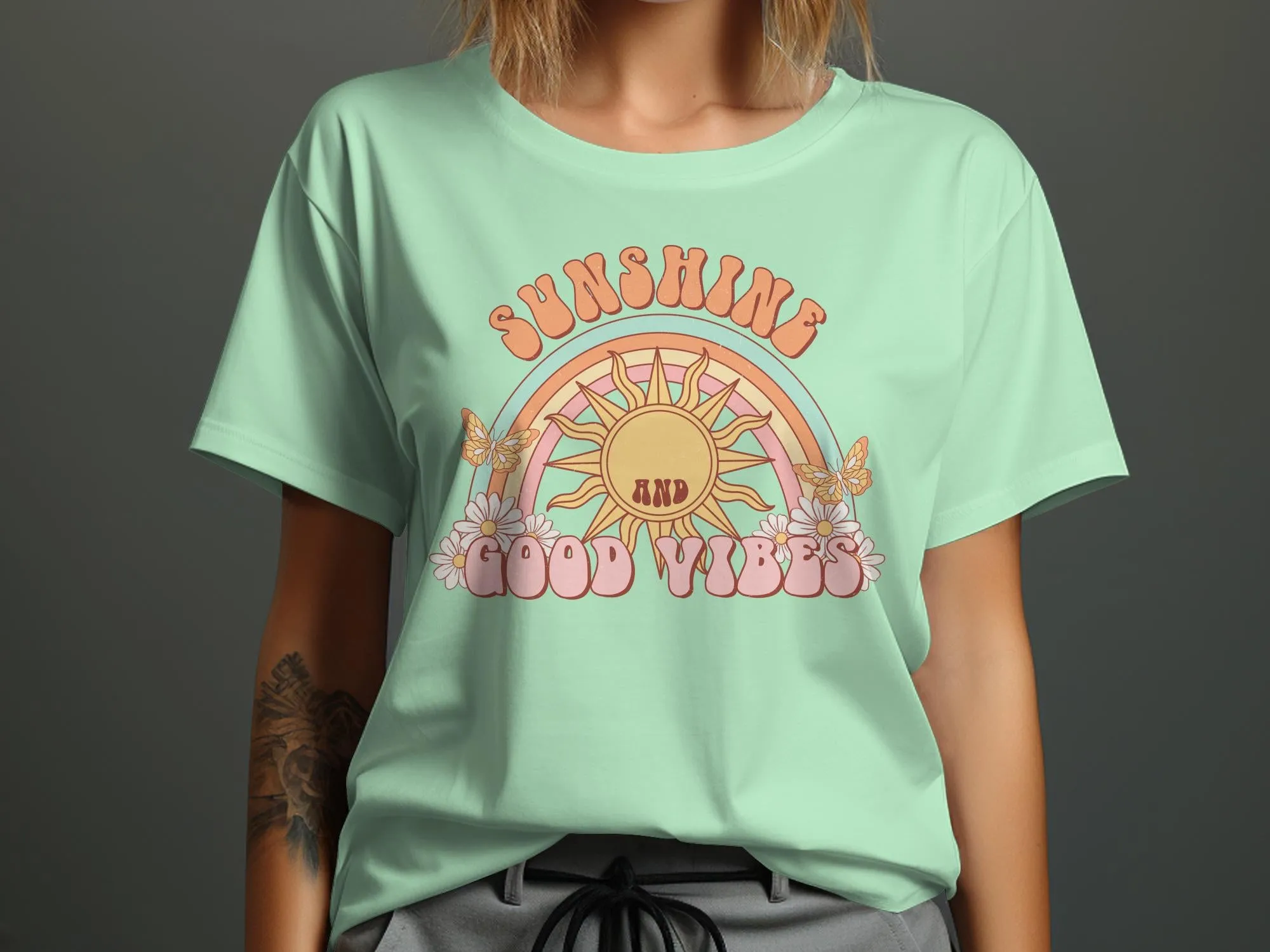 Retro Sunshine and Good Vibes Graphic Tee, Vintage Style T-Shirt, Summer Festival Casual Top, Boho Rainbow Shirt