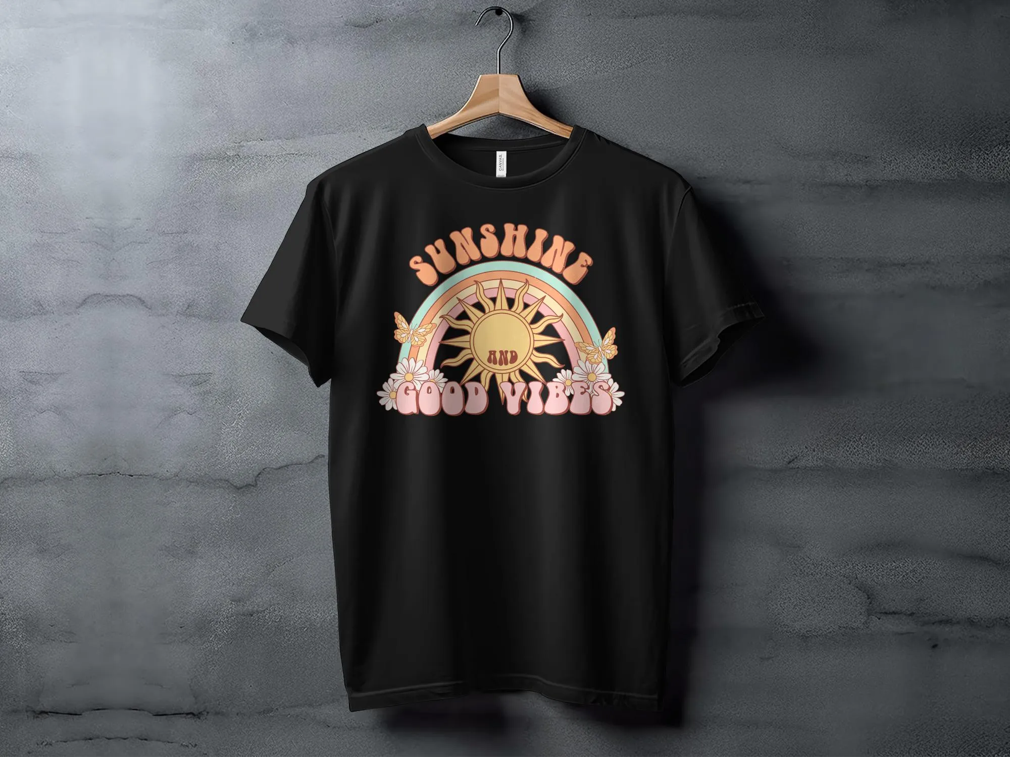 Retro Sunshine and Good Vibes Graphic Tee, Vintage Style T-Shirt, Summer Festival Casual Top, Boho Rainbow Shirt
