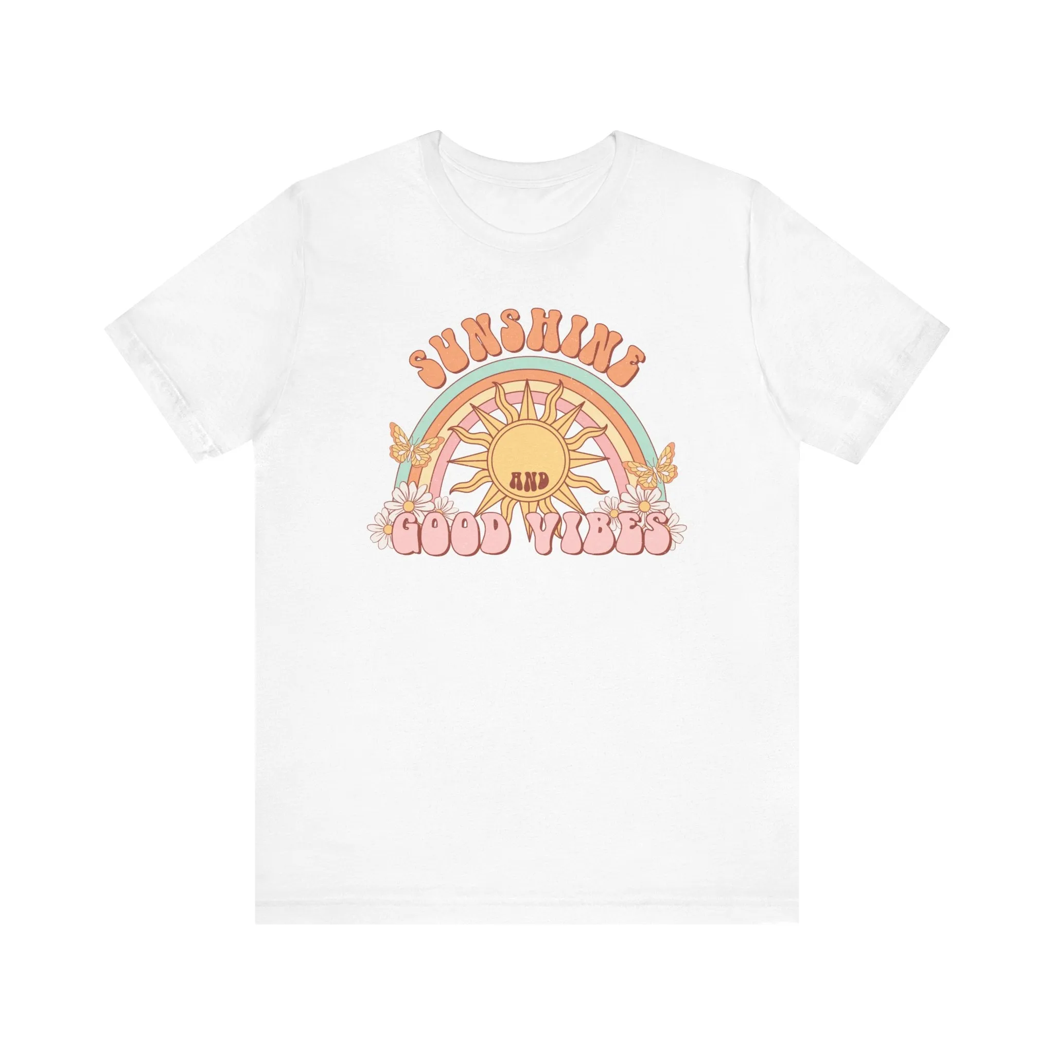 Retro Sunshine and Good Vibes Graphic Tee, Vintage Style T-Shirt, Summer Festival Casual Top, Boho Rainbow Shirt