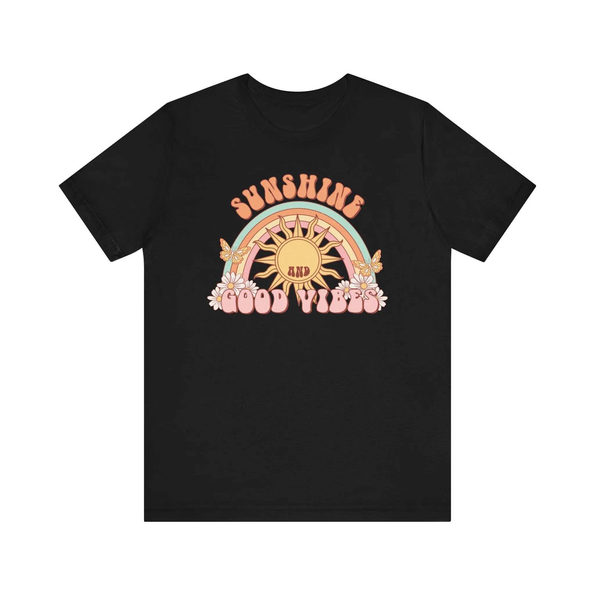 Retro Sunshine and Good Vibes Graphic Tee, Vintage Style T-Shirt, Summer Festival Casual Top, Boho Rainbow Shirt