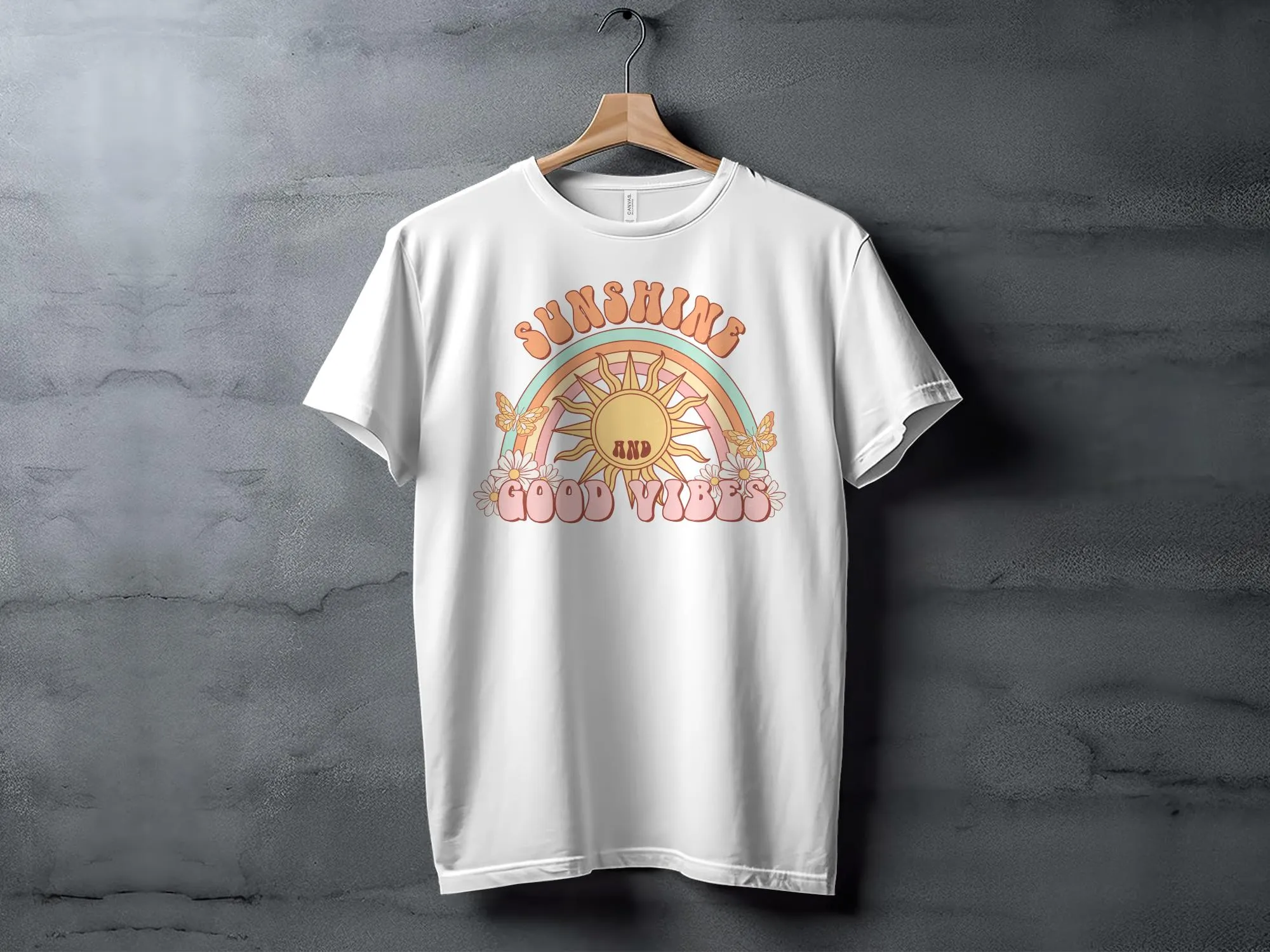 Retro Sunshine and Good Vibes Graphic Tee, Vintage Style T-Shirt, Summer Festival Casual Top, Boho Rainbow Shirt