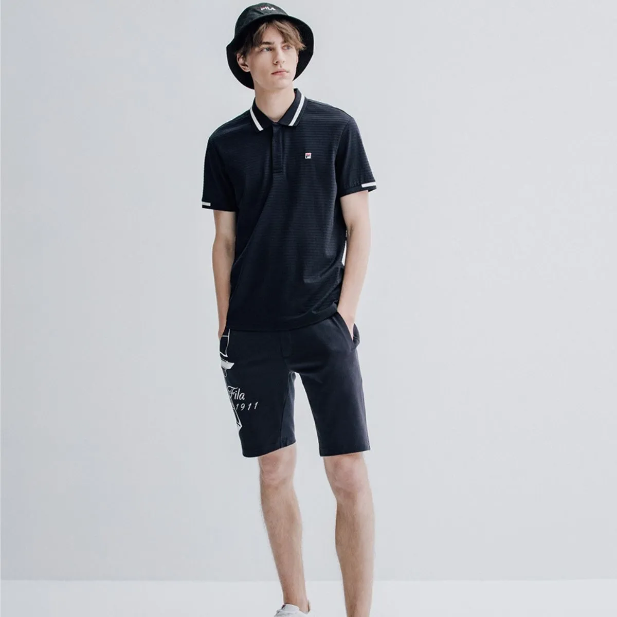 Rib Knit Collar Casual Dark Blue Polo 