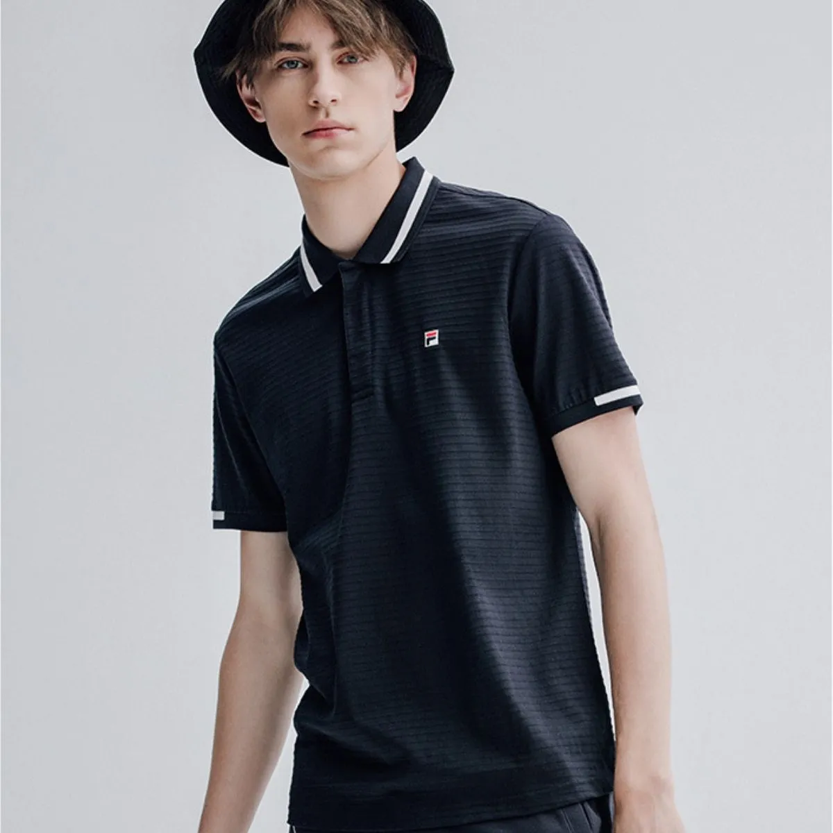 Rib Knit Collar Casual Dark Blue Polo 