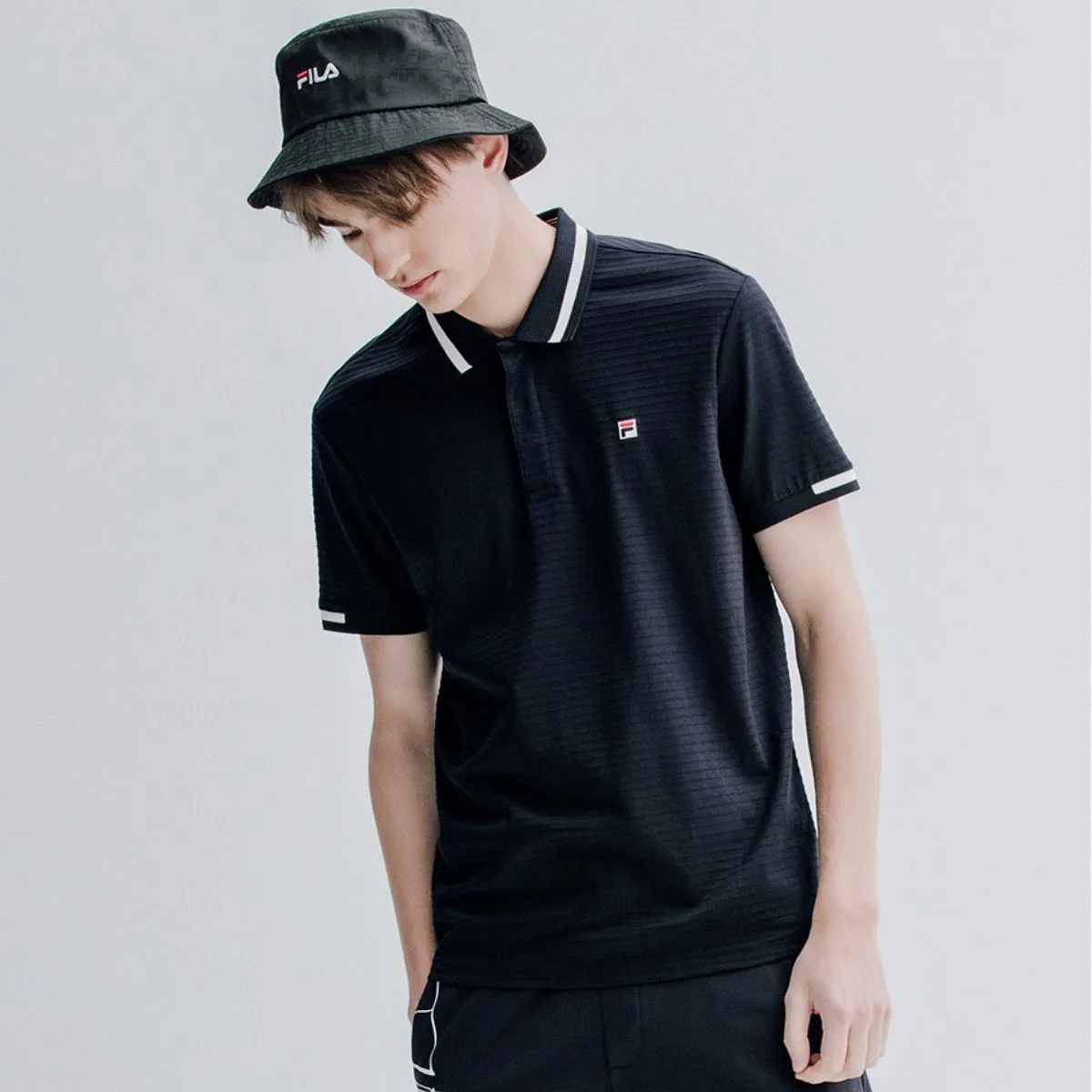 Rib Knit Collar Casual Dark Blue Polo 