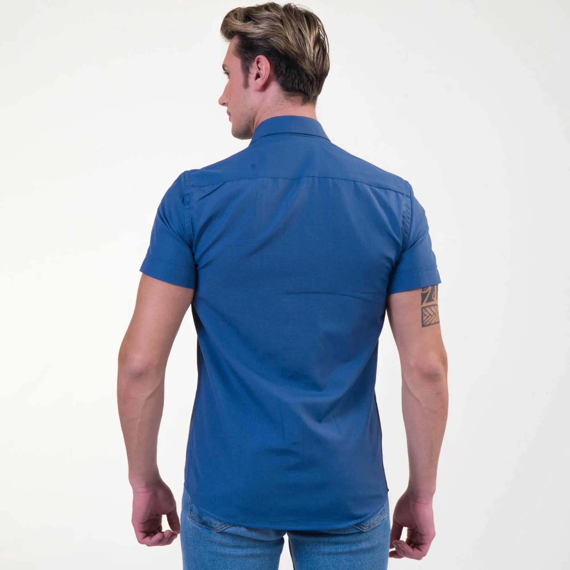 Rich Blue Mens Short Sleeve Button up Shirts - Tailored Slim Fit Cotton Dress Shirts