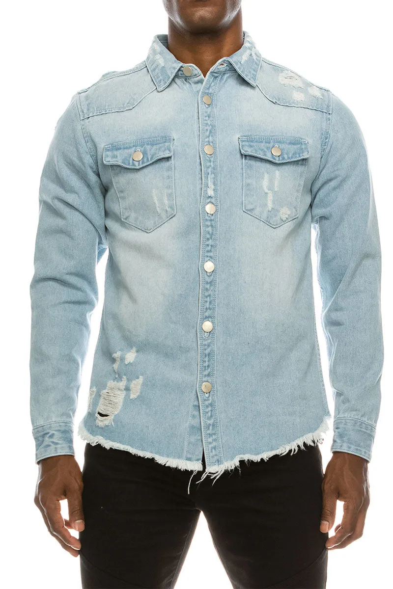 Ripped Denim Overshirt - Light Indigo