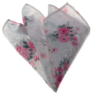 Rose White Floral Mens Pocket Square - Premium Silk Handkerchiefs for Suits