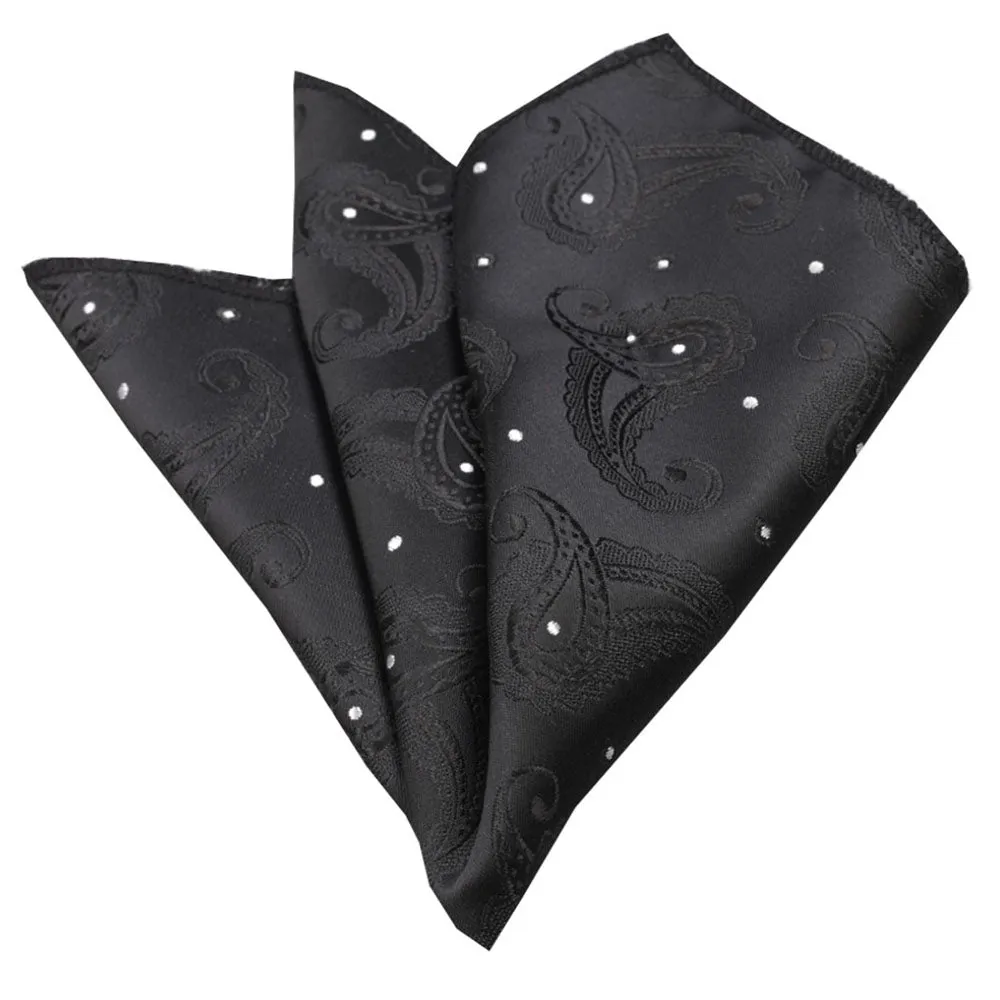 Solid Black Paisley with White Dots Mens Pocket Square - Premium Silk Handkerchiefs for Suits