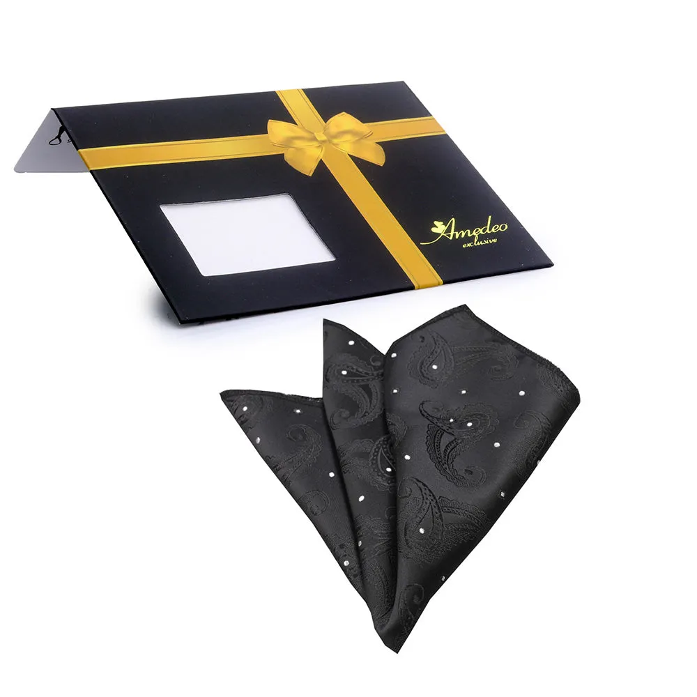 Solid Black Paisley with White Dots Mens Pocket Square - Premium Silk Handkerchiefs for Suits