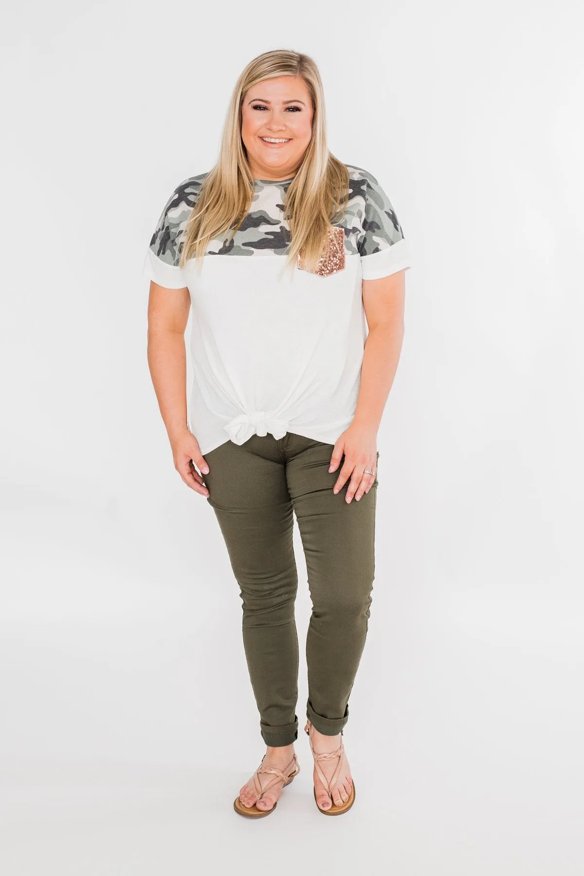 Something Special Camo Color Block Top- Ivory
