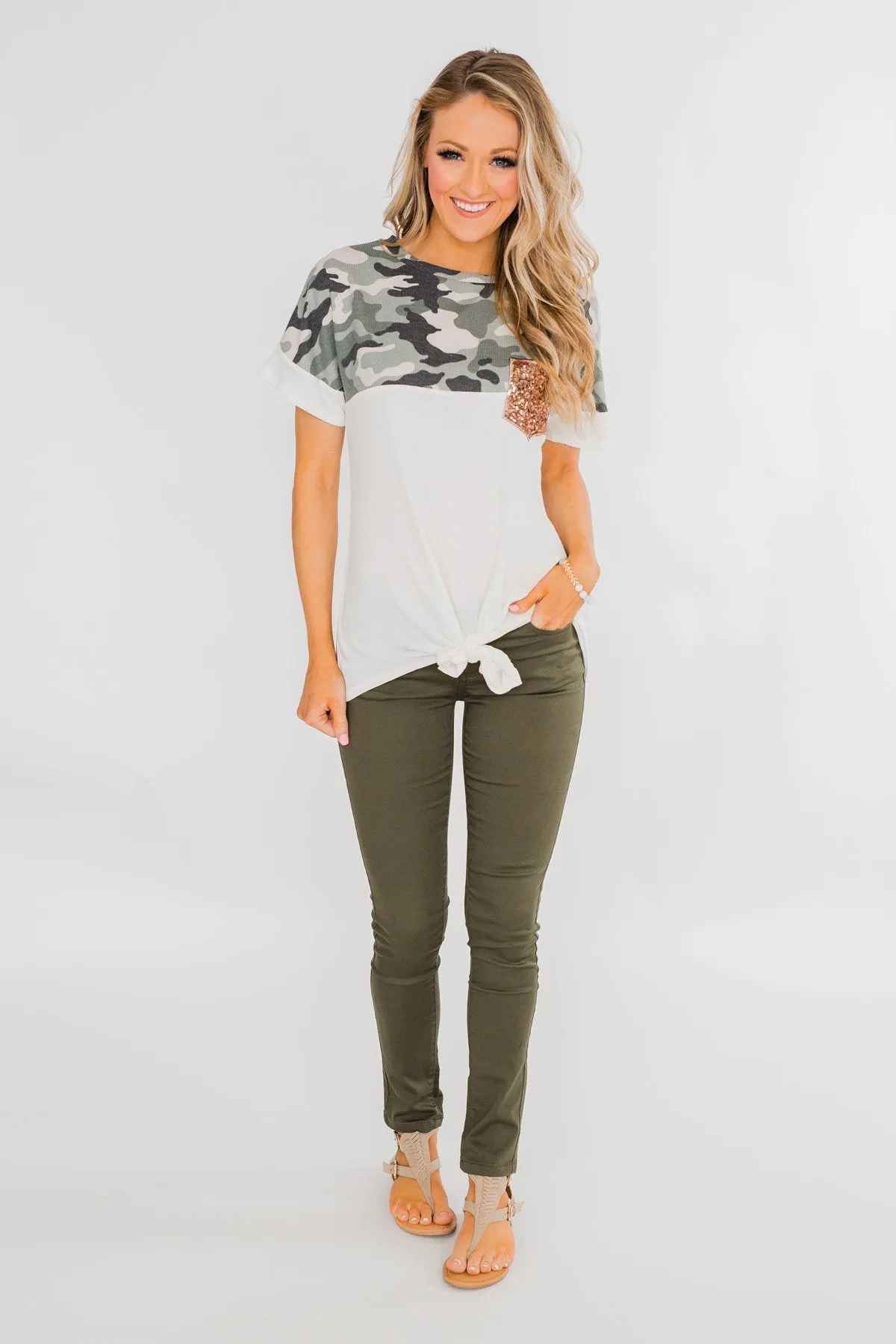 Something Special Camo Color Block Top- Ivory