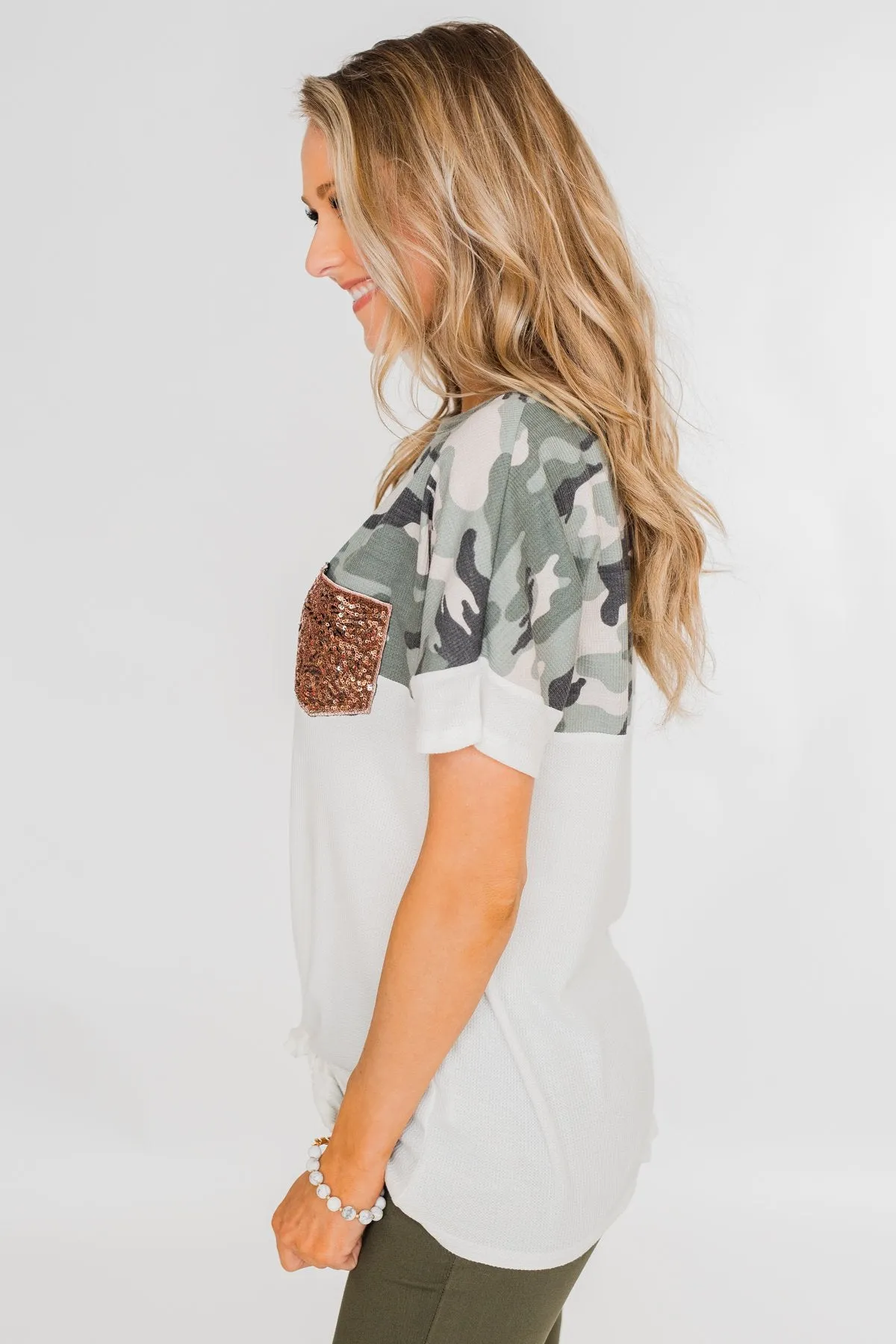 Something Special Camo Color Block Top- Ivory