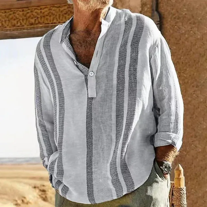 Striped linen shirt for men, grandad collar