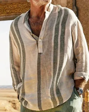Striped linen shirt for men, grandad collar