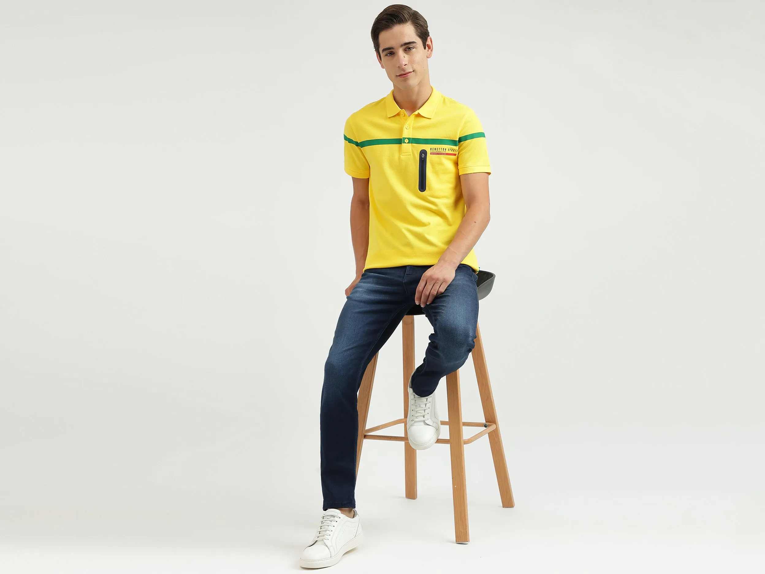 Striped Polo Neck Regular-Fit T-Shirt