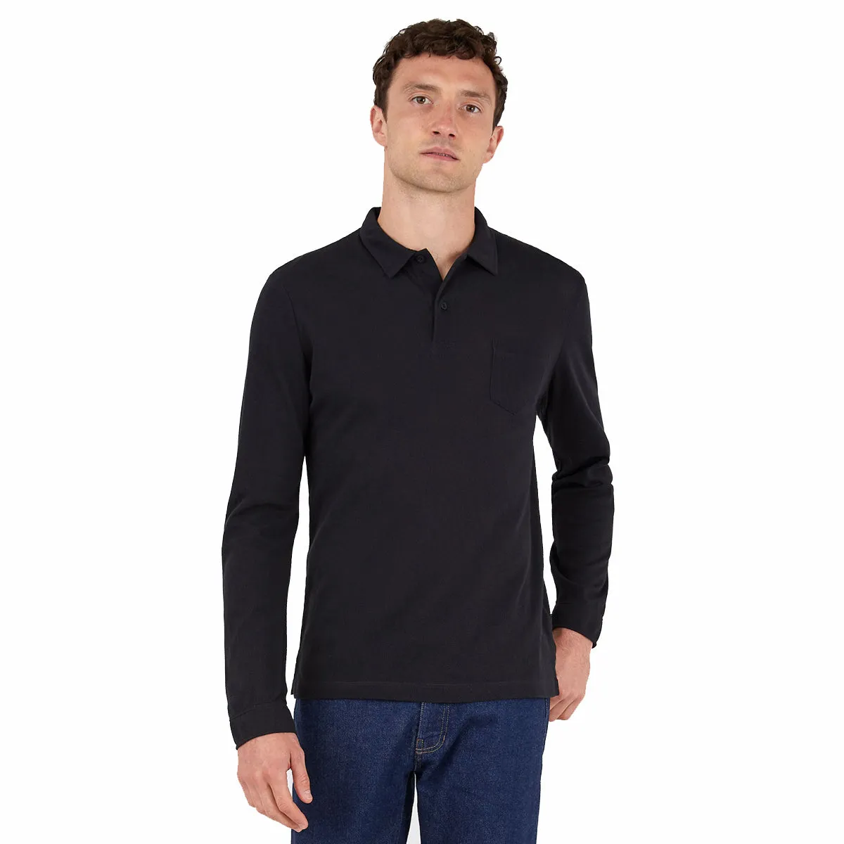 Sunspel Cotton Riviera Long Sleeve Polo Shirt Black