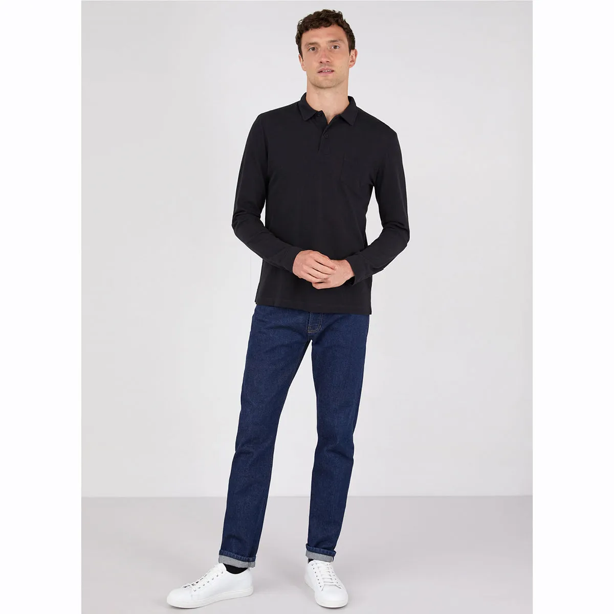 Sunspel Cotton Riviera Long Sleeve Polo Shirt Black