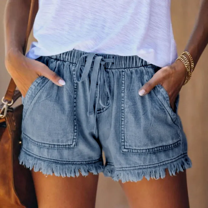 The Fringed Side Women's Elastic Waist High Waist Denim Shorts