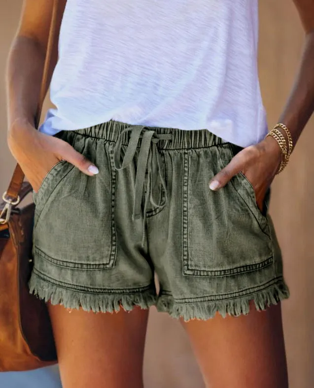 The Fringed Side Women's Elastic Waist High Waist Denim Shorts