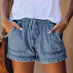 The Fringed Side Women's Elastic Waist High Waist Denim Shorts