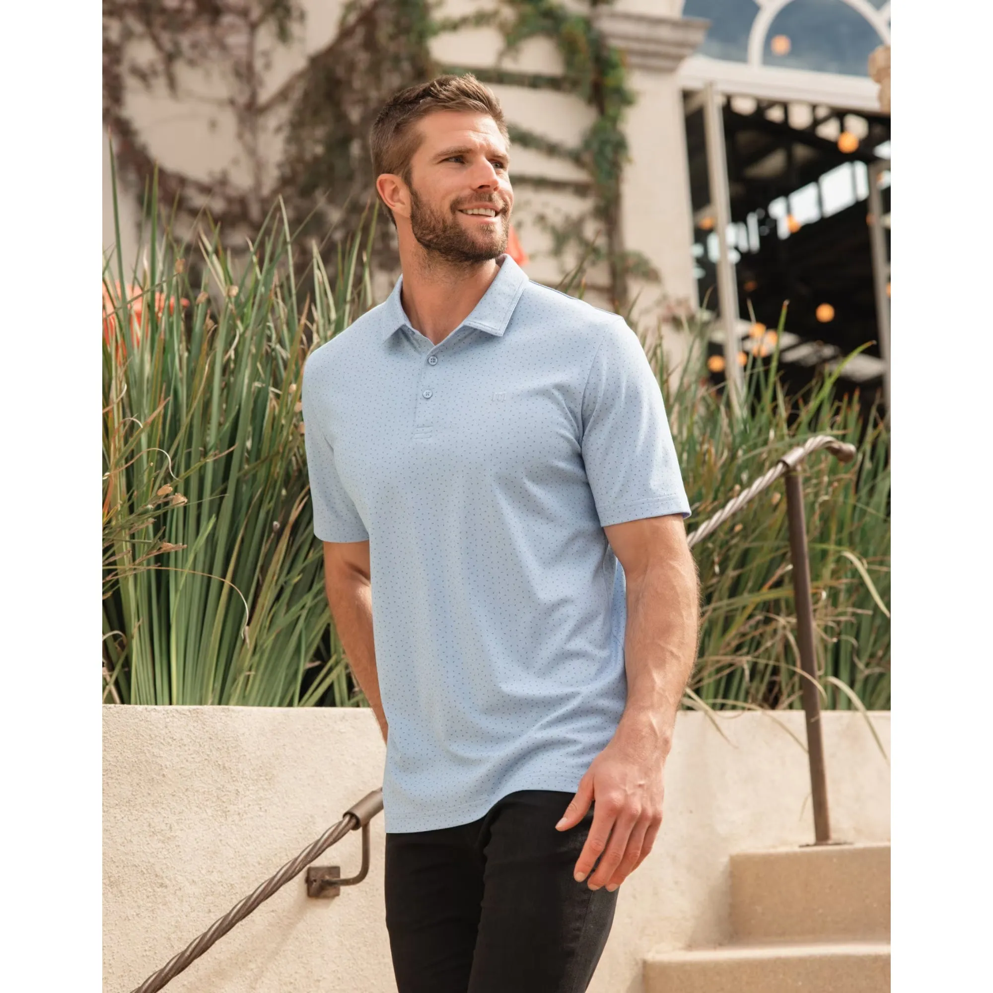TRAVIS MATHEW MENS CARNAVAL POLO - HEATHER BEL AIR BLUE