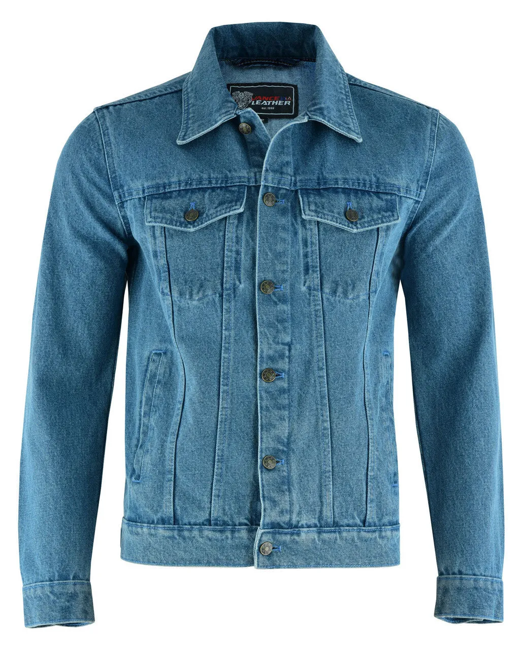 Vance Men's Light Blue Heavy Duty Denim Button Front Motorcycle Jacket, Jean Jacket for Men
