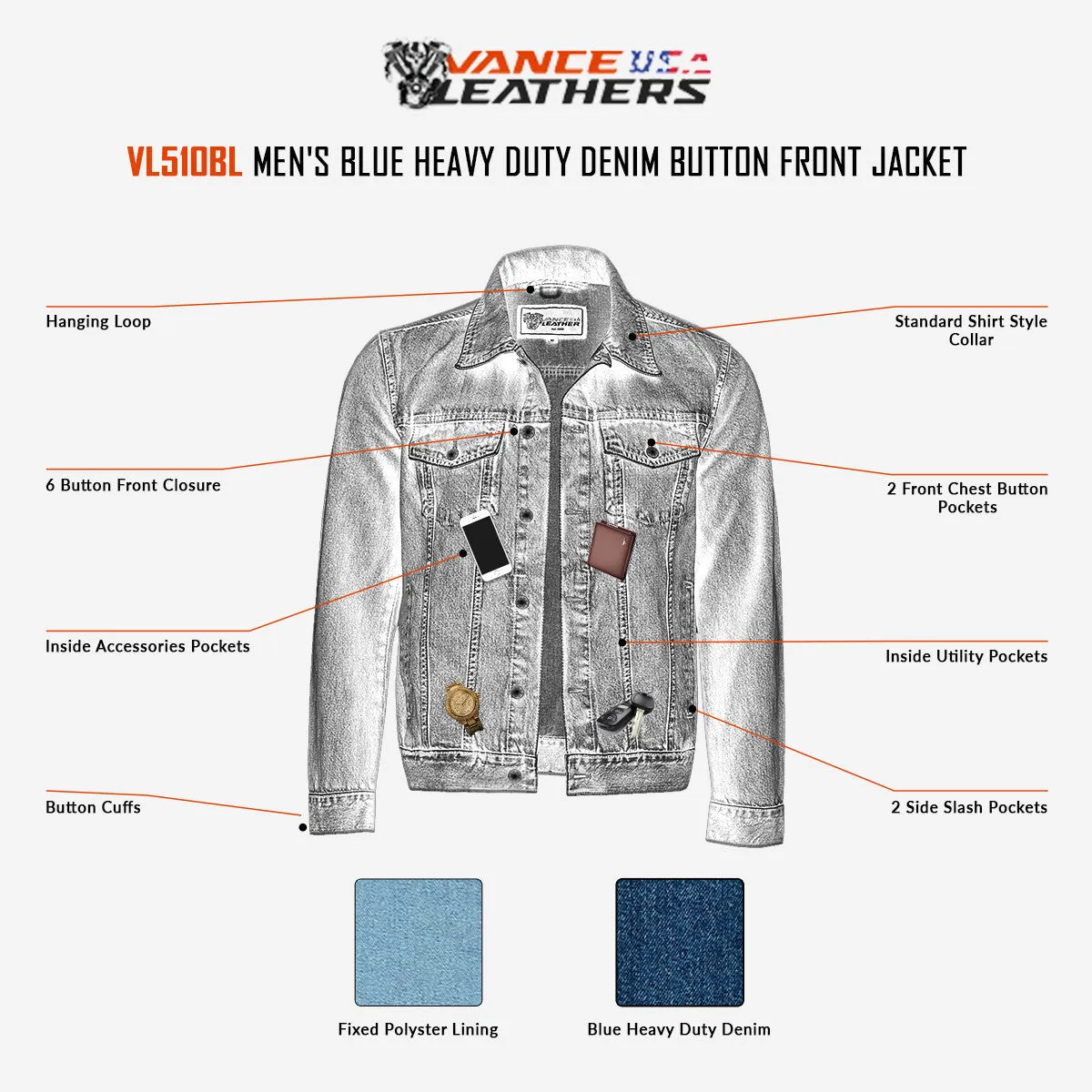 Vance Men's Light Blue Heavy Duty Denim Button Front Motorcycle Jacket, Jean Jacket for Men