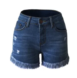 Women's Elasticity Mid Waist Fringed Distressed Denim Shorts