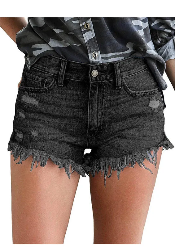 Women's Elasticity Mid Waist Fringed Distressed Denim Shorts