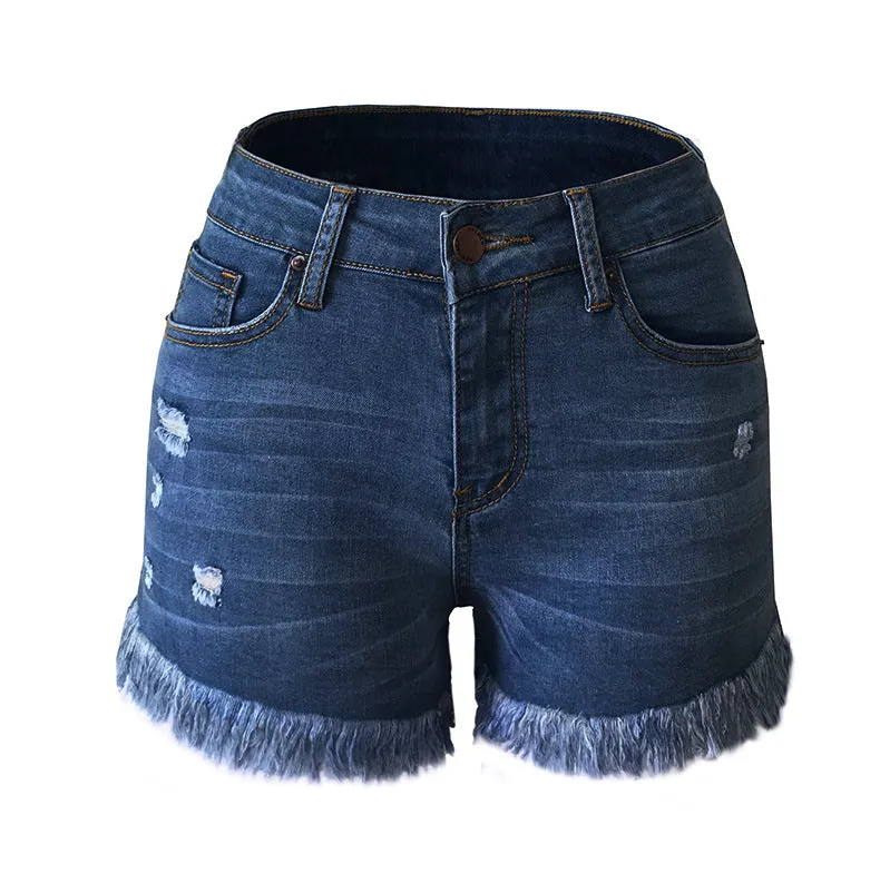 Women's Elasticity Mid Waist Fringed Distressed Denim Shorts