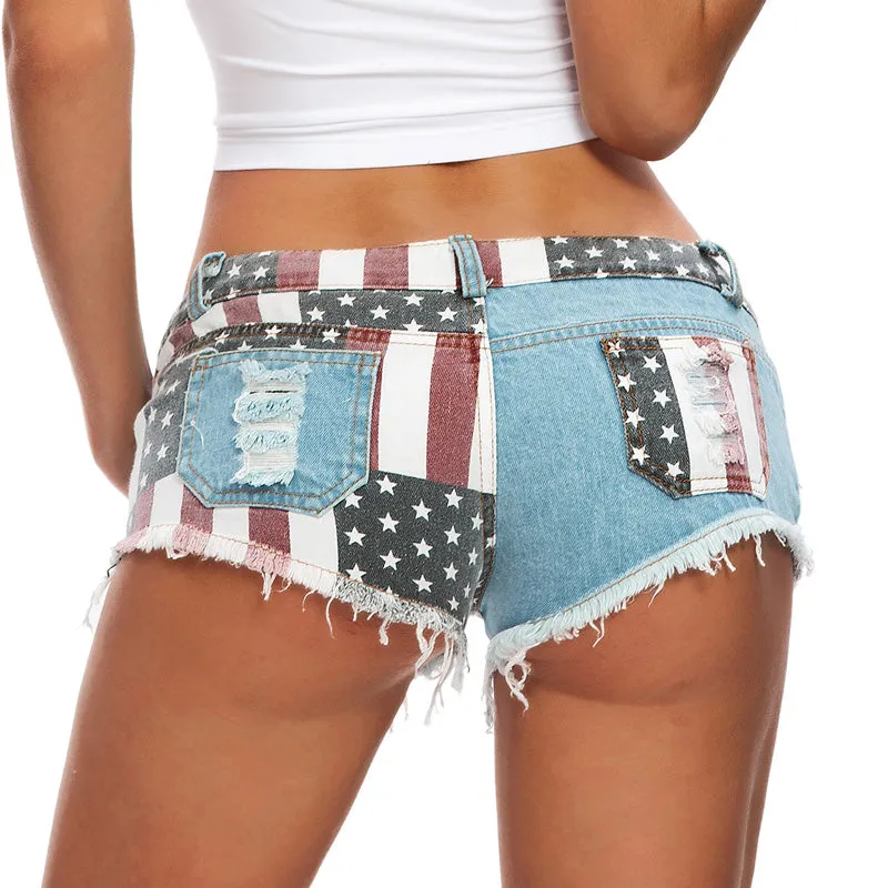 Women's Low-Rise American Flag Print Ripped Denim Shorts