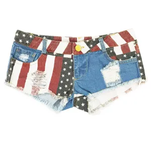 Women's Low-Rise American Flag Print Ripped Denim Shorts
